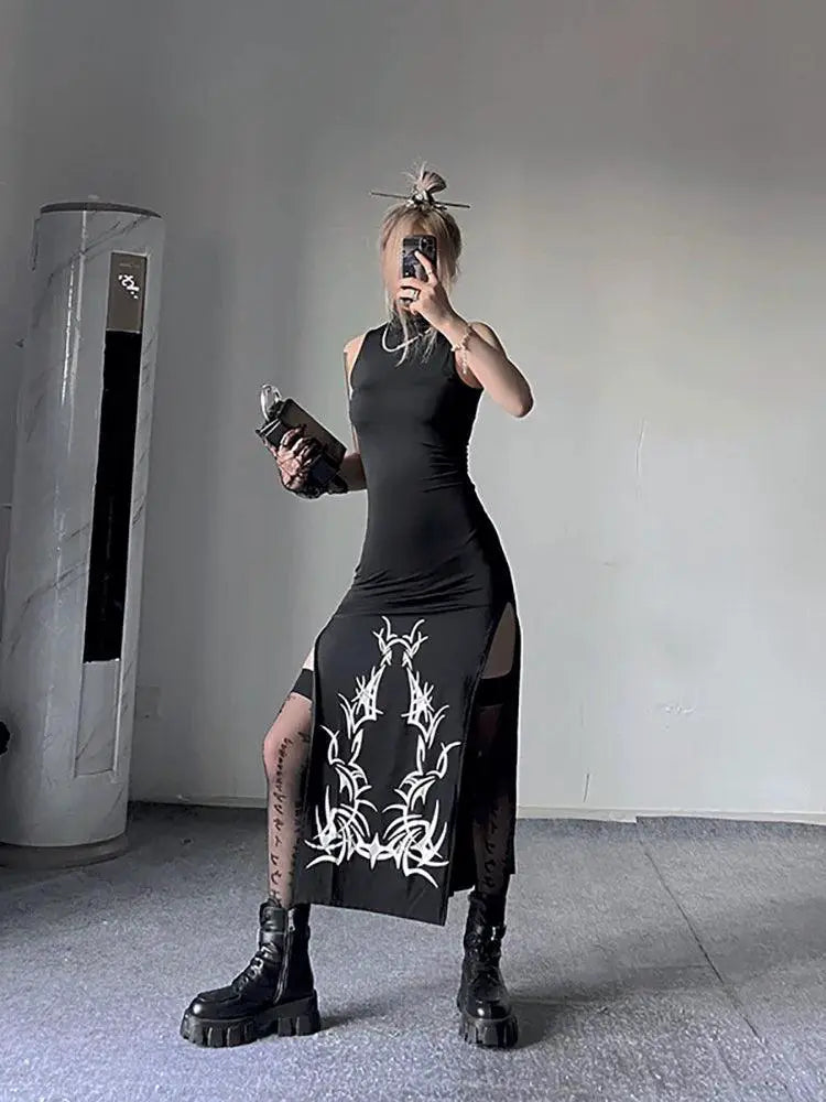 Elegant Dark Turtleneck Split Dress Sleeveless Chic Modern