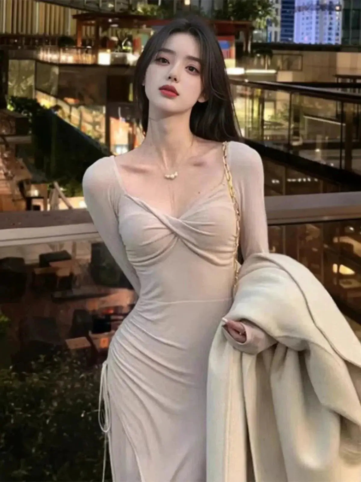 Goddess Vibes Beige Apricot Dress Elegant Autumn Chic