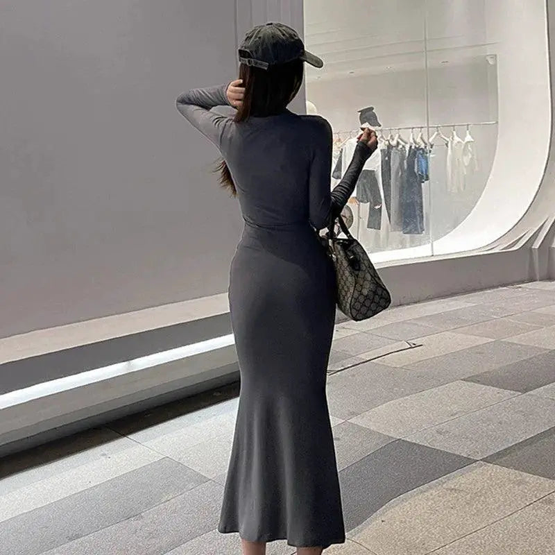 Elegant Dark Gray Fishtail Dress European Style For Women