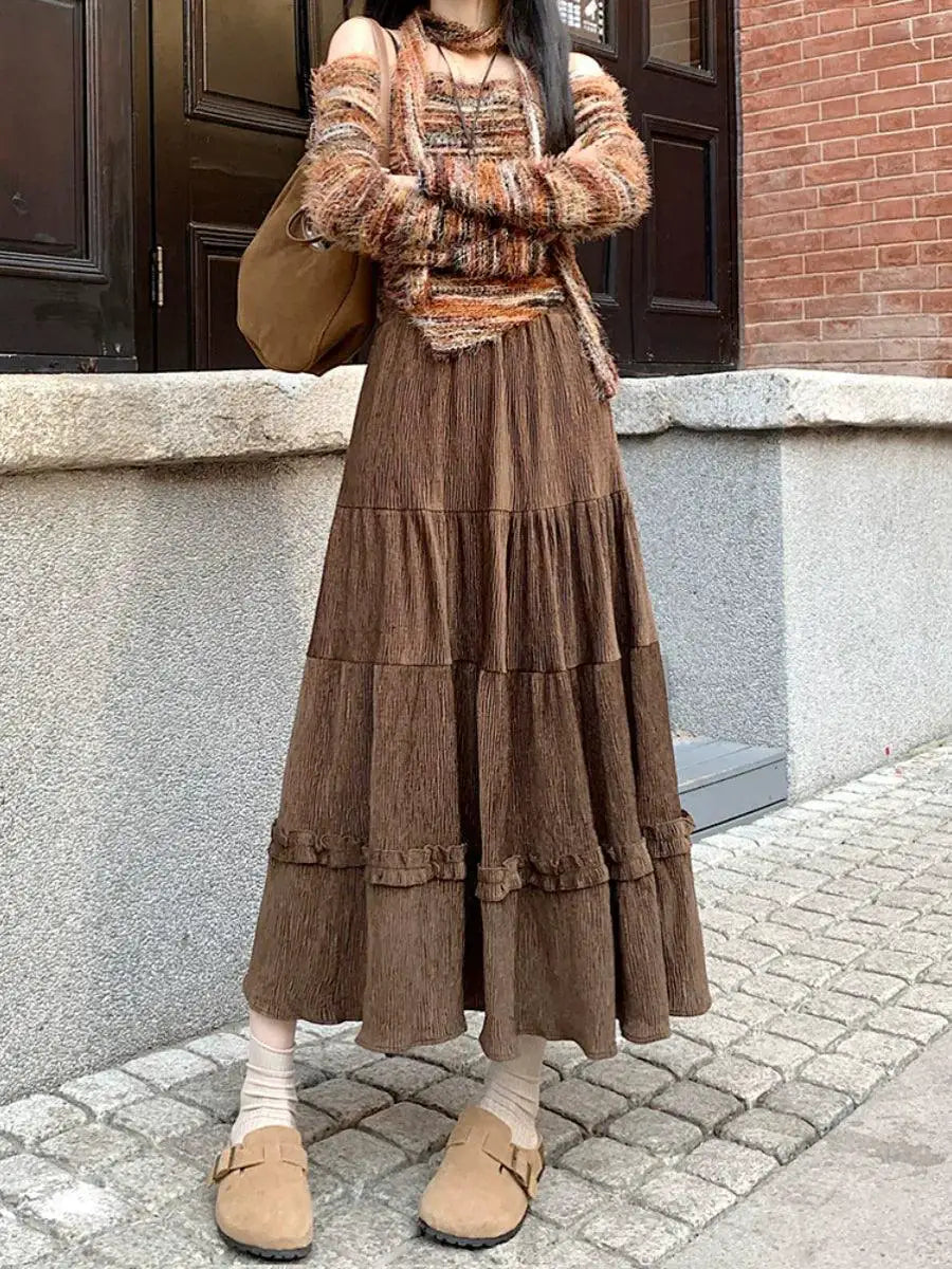 Elegant Velvet Apricot Ruffled A Line Midi Dress Chic