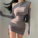 Slim-Fit Oblique Shoulder Sheath Dress Elegant Drawstring Waist