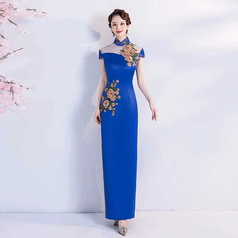 Blue Chinese Bride Evening Gown for Elegant Banquets Events