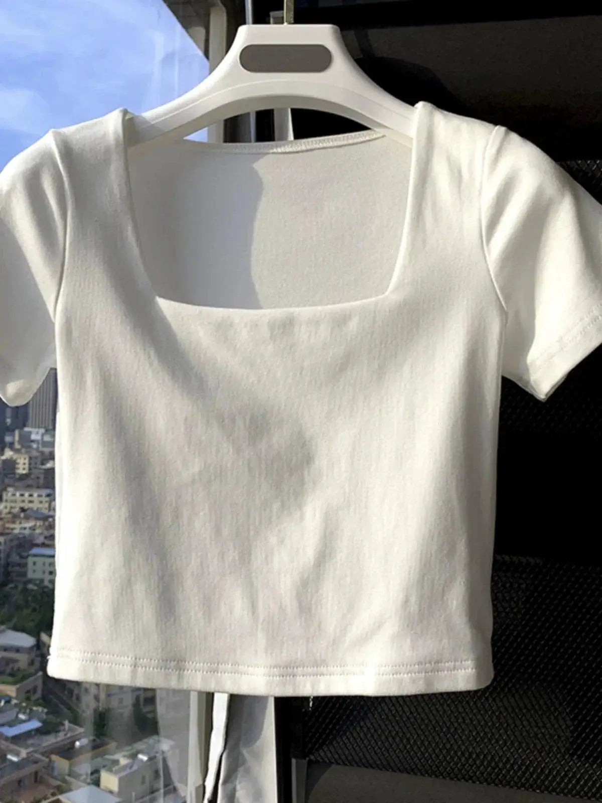 Sexy White Square Neck Short Sleeve T Shirt For Women