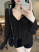 Korean V-Neck Slimming Shirt for Chic Autumn Style Now