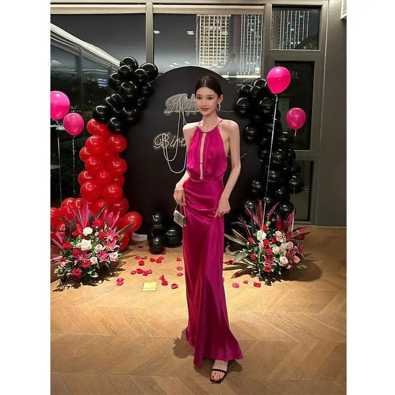 Dragon Fruit Halter Dress Elegant Sleeveless Partywear