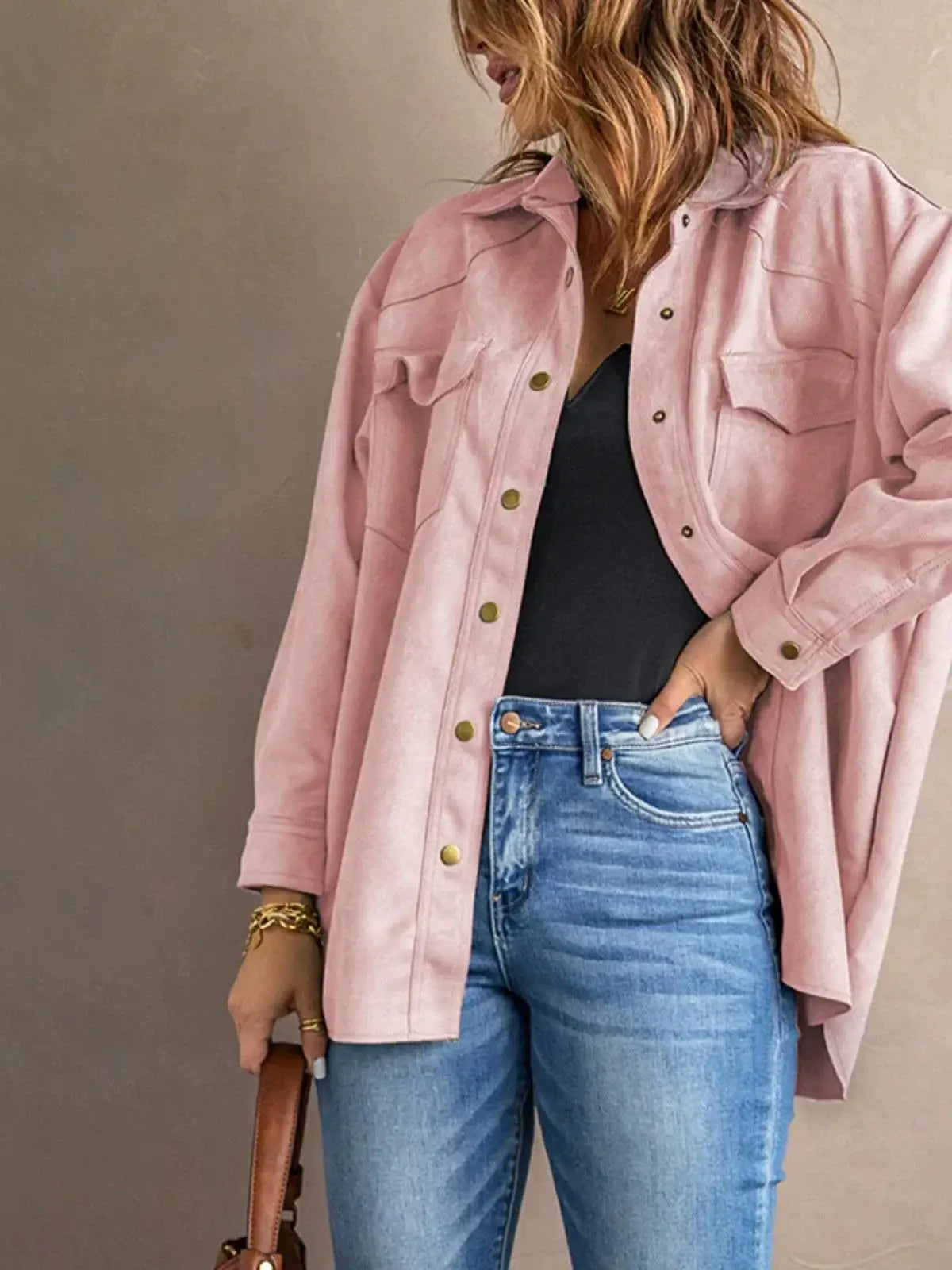 Pure Color Snap Button Loose Suede Shirt Coat Chic