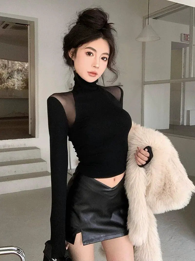 Spring Youth Mesh Turtleneck Top For Trendsetting Style