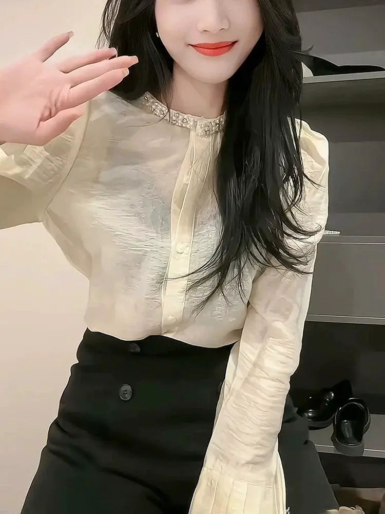 French Short Shirt Diamond Pleated Bell Sleeve Top