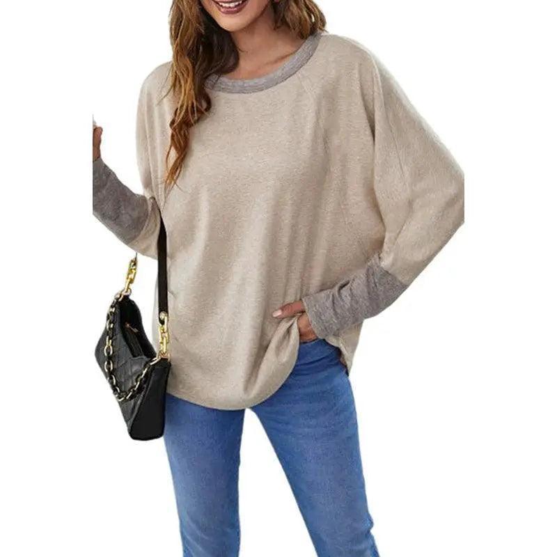 Fall Round Neck Loose Pullover Women Contrast Color 2024