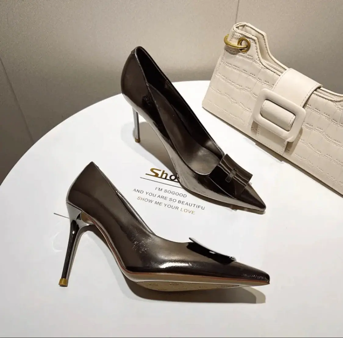 Silver Patent Leather Small Heel Shoes Elegant Europe Style