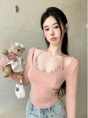 Elegant Lace Trim Nightwear Stylish Long Sleeve Top Chic