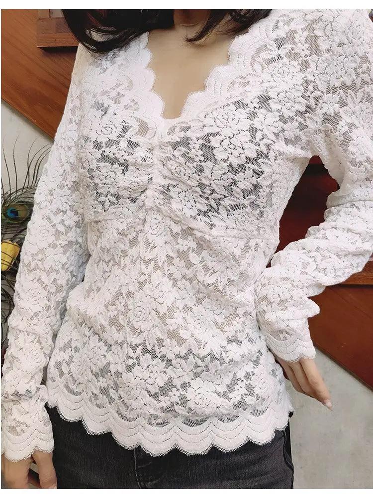 Autumn Chic Black Lace V Neck Shirt for Women Elegant Top