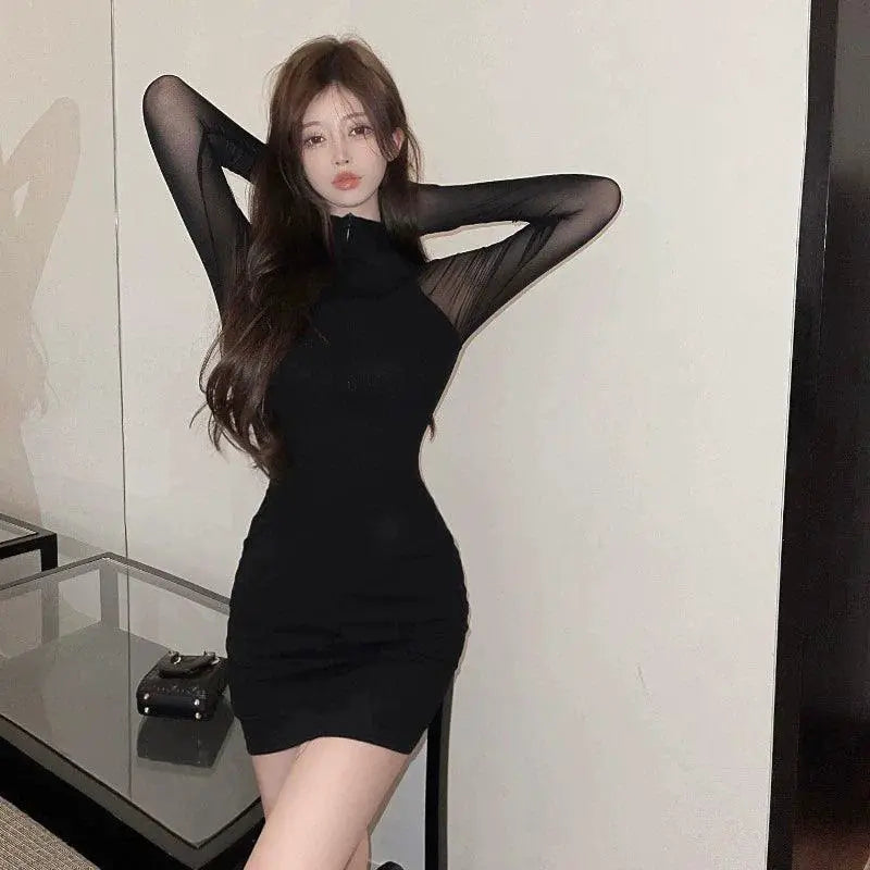 Spring Patchwork Zipper Sheath Dress Chic Korean Mesh