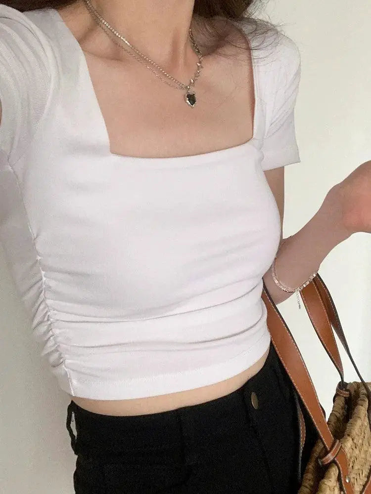 Apricot Square Collar Pleated Top Elegant Korean Style