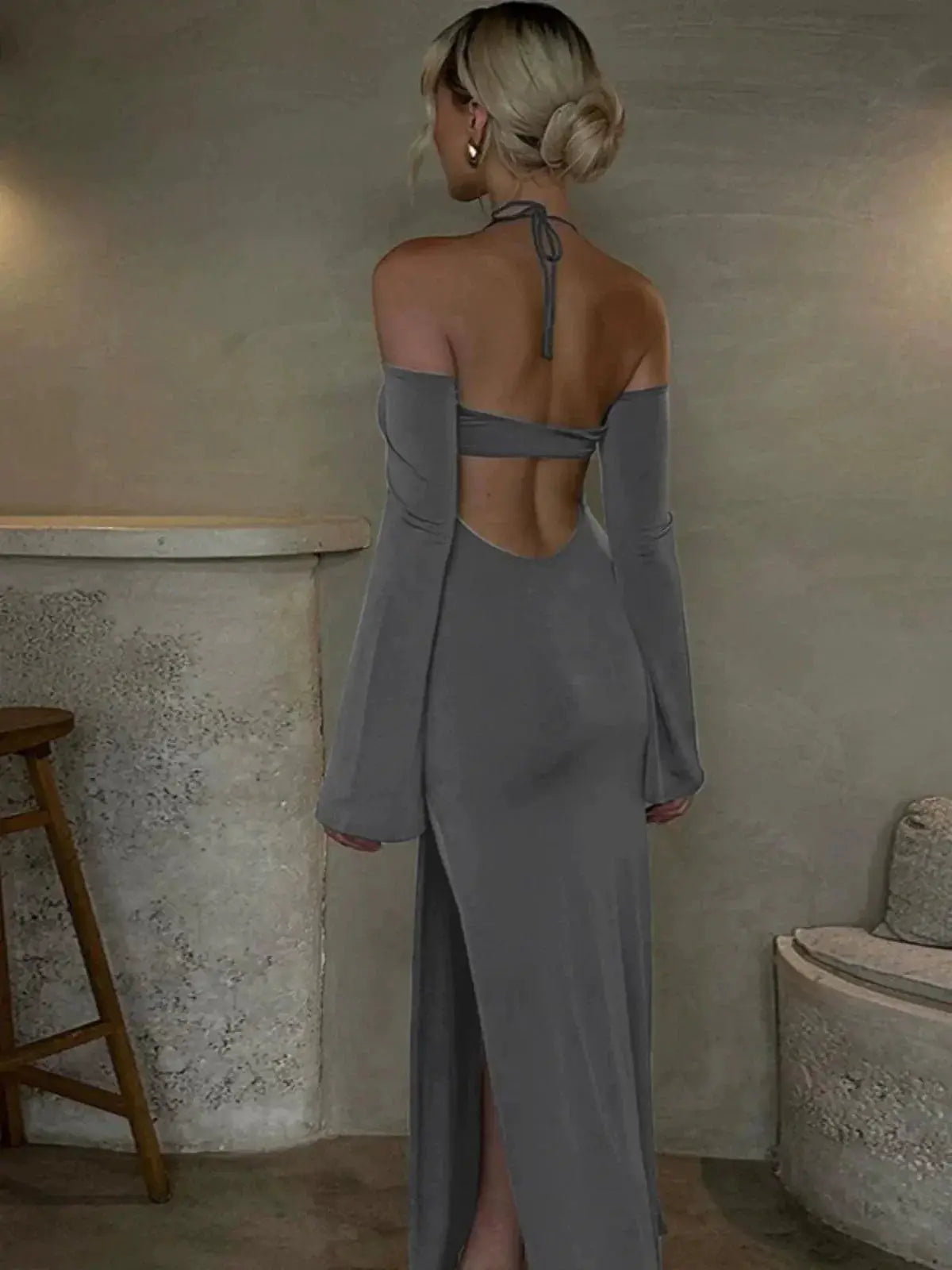 Flattering Off Shoulder Halter Gown For Chic Events