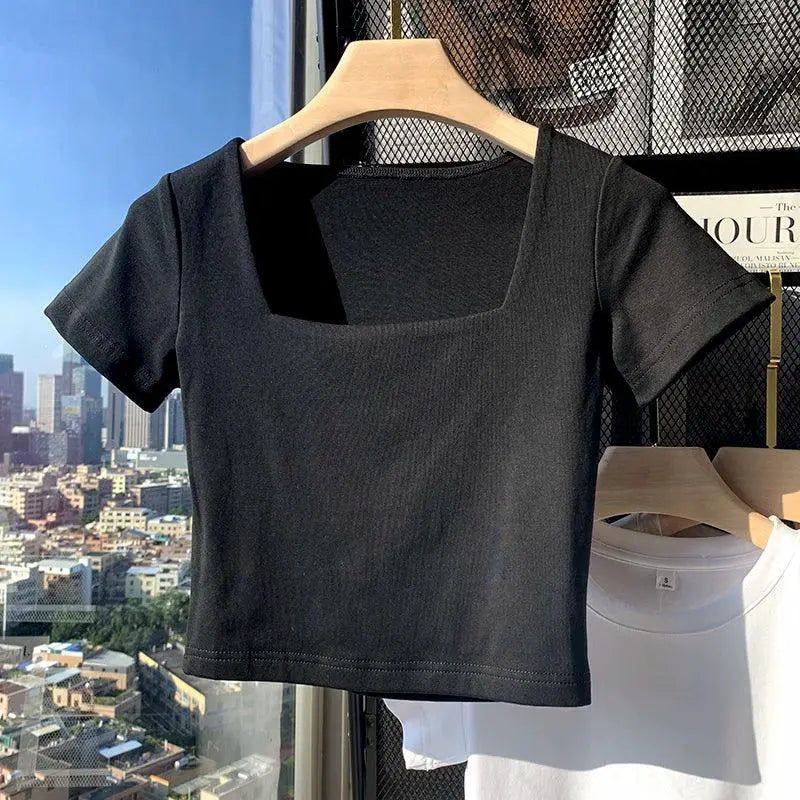 Sexy White Square Neck Short Sleeve T Shirt For Women