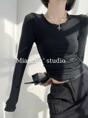 Ruched Long Sleeve Street-Style Tee Double-Sided Chic Top