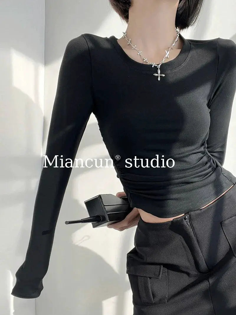 Ruched Long Sleeve Street Style Tee Double Sided Chic Top