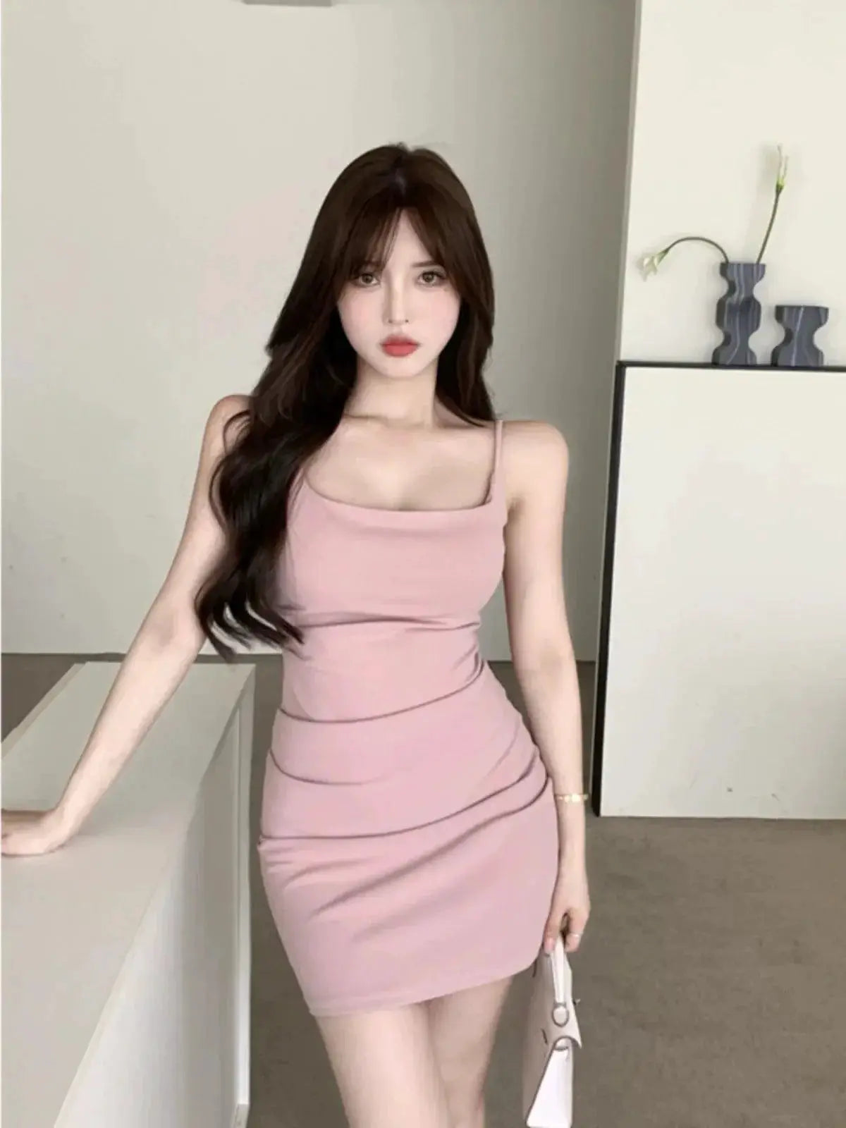 Pink Summer Dress High Waist Spaghetti Straps Elegance