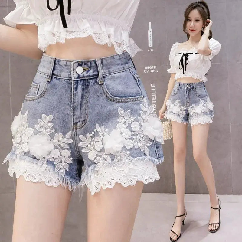 European Floral Embroidered Denim Shorts High Waist Summer