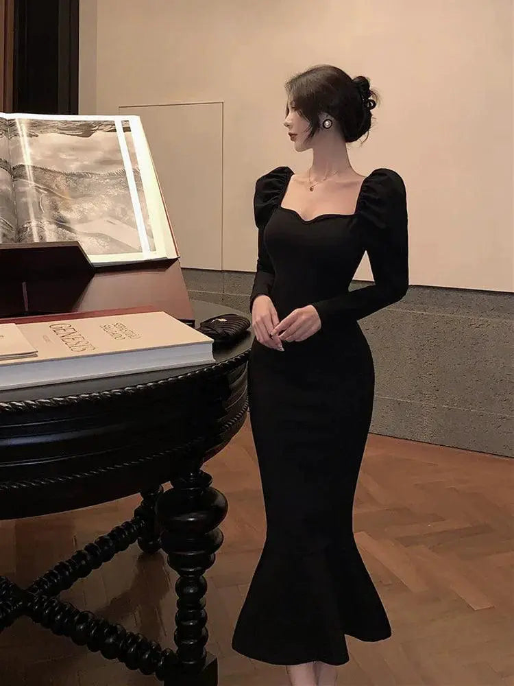 French Chic Black Fish Tail Dress Elegant Summer Fashion