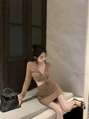 V Neck Pleating Slim Fit Dress Stylish Hollow-out Bodycon Dress