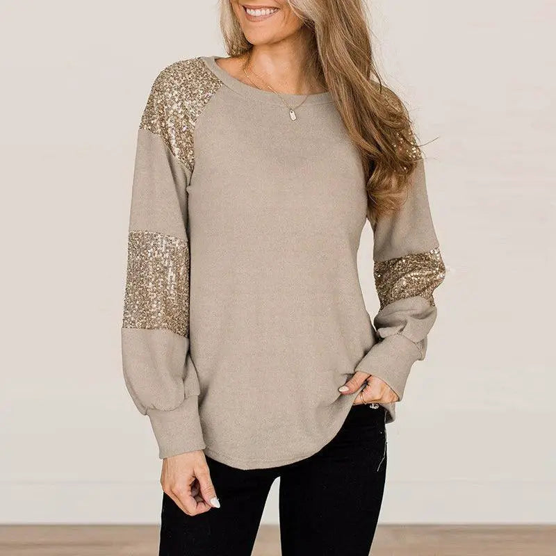 Fall Winter Sequin Long Sleeves Casual Women T Shirt