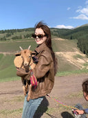 Retro Brown Distressed Leather Motorcycle Coat Street-Style Chic