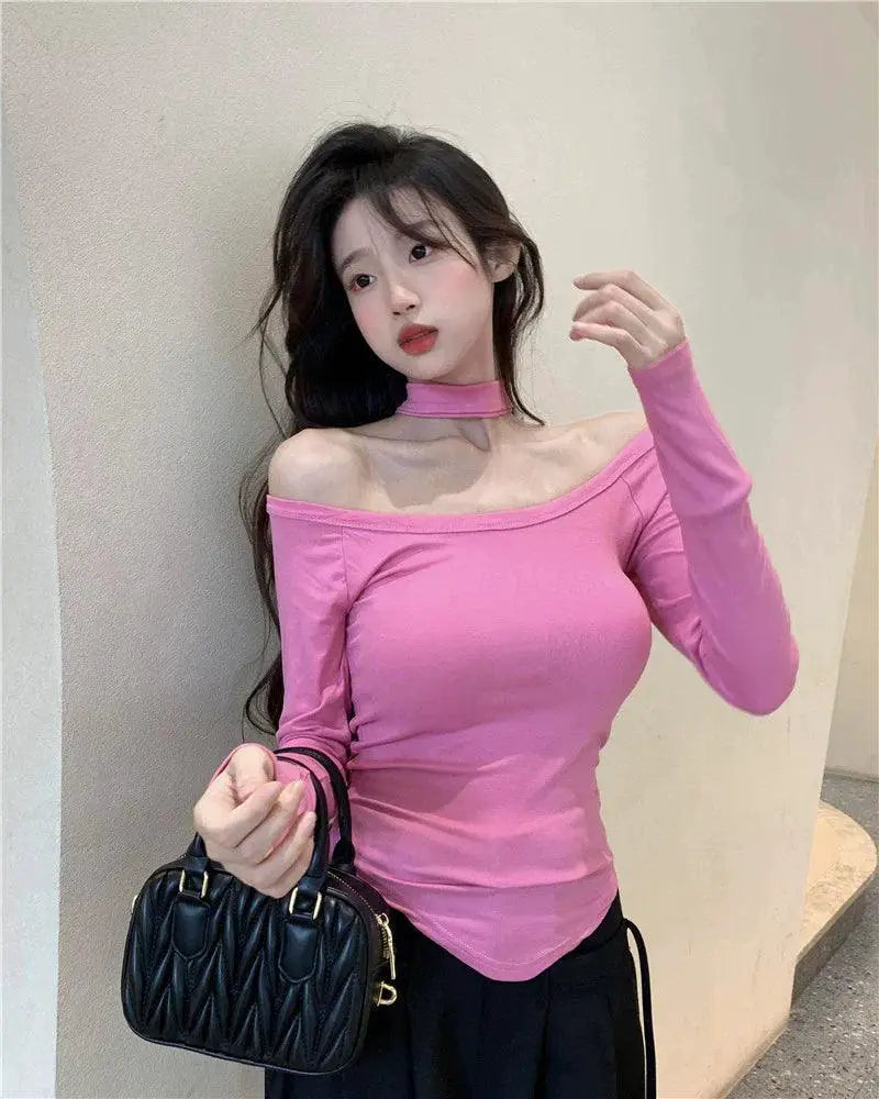 Autumn Pink Off-Shoulder Tee Chic Korean Style Top