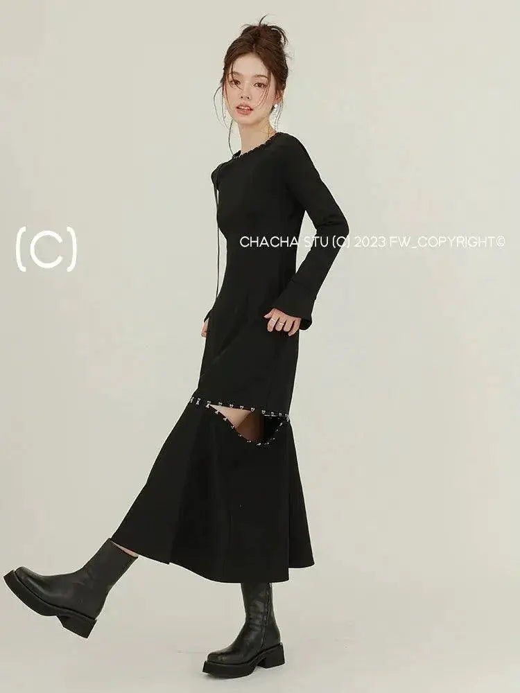 Fashionable Black Long Sleeve Versatile A Line Dress Autumn