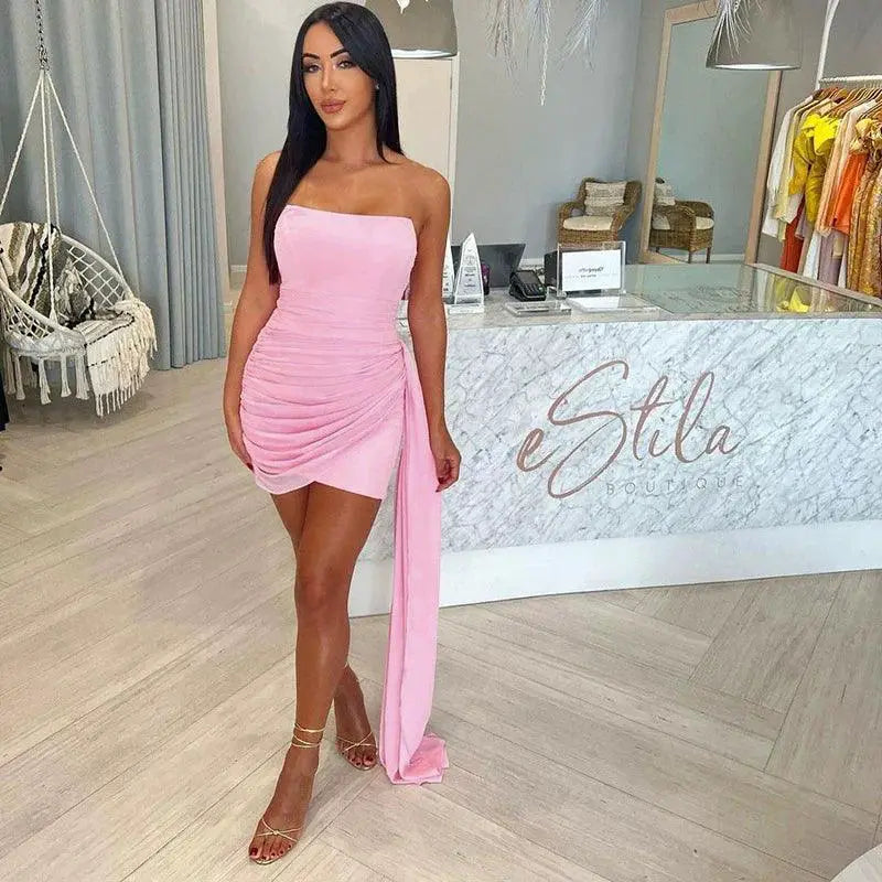 Hip Wrapped Mesh Ribbon Set Winter Tube Top Short Skirt
