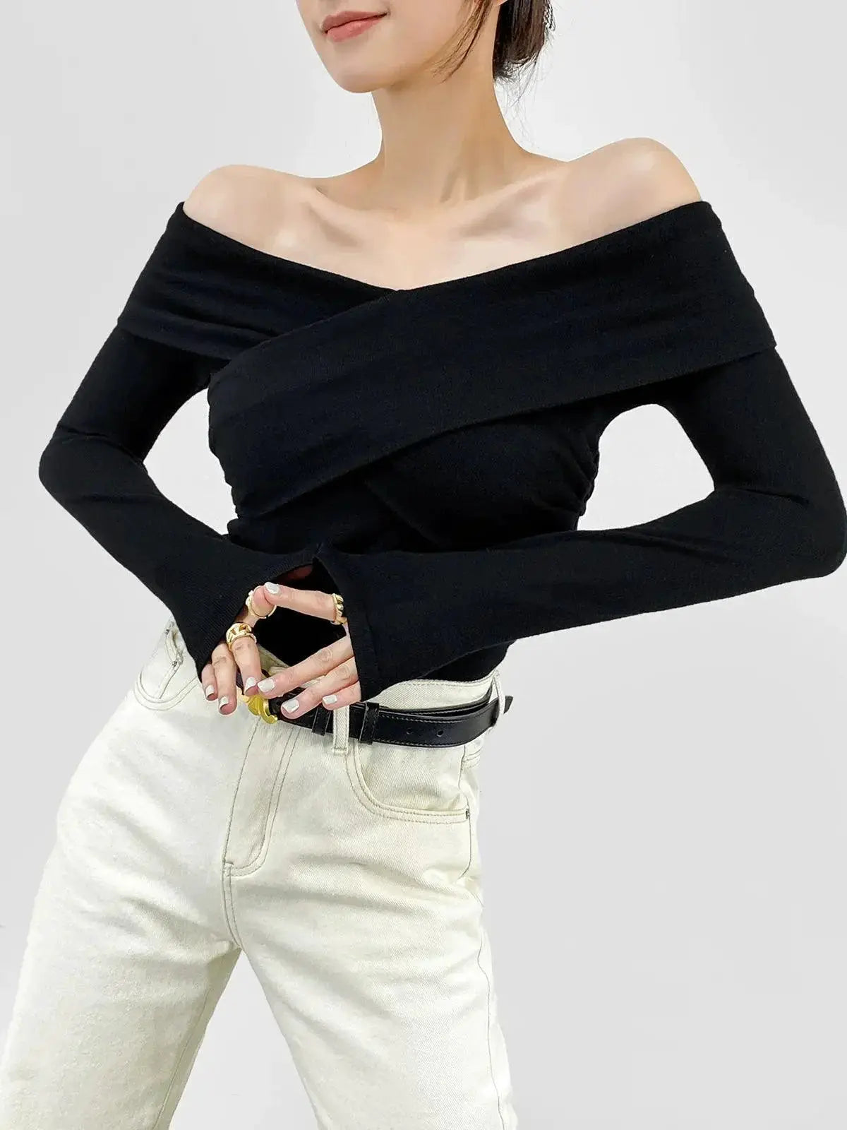 Cross Pleated V Neck Off Shoulder Knitwear Chic Elegance