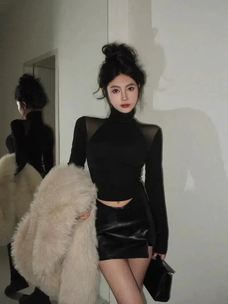 Spring Youth Mesh Turtleneck Top For Trendsetting Style