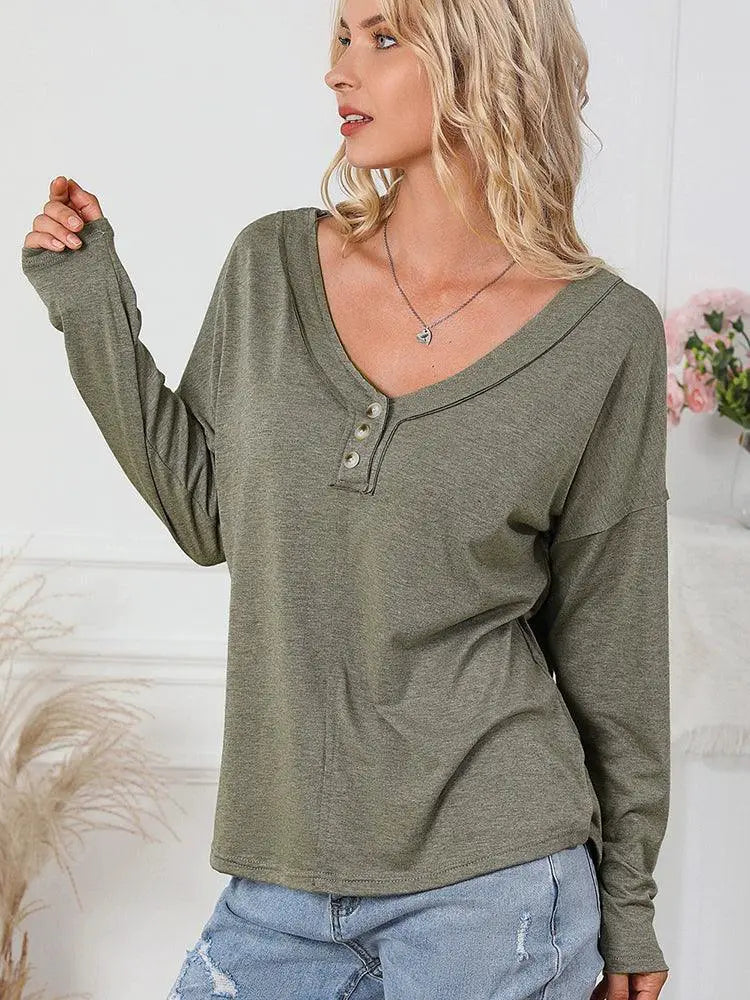 Fall 2024 Pure Color Long Sleeve V Neck Top For Women