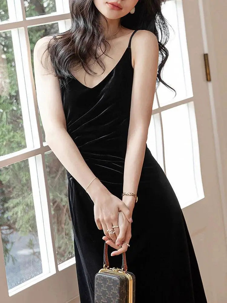 Black Velvet French Retro A Line Dress Vintage Elegance