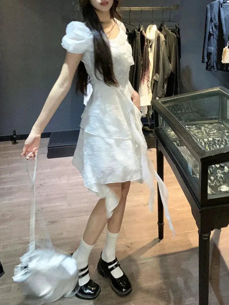 Tea Break Ruffle Dress Korean Chic Style Irregular Hem