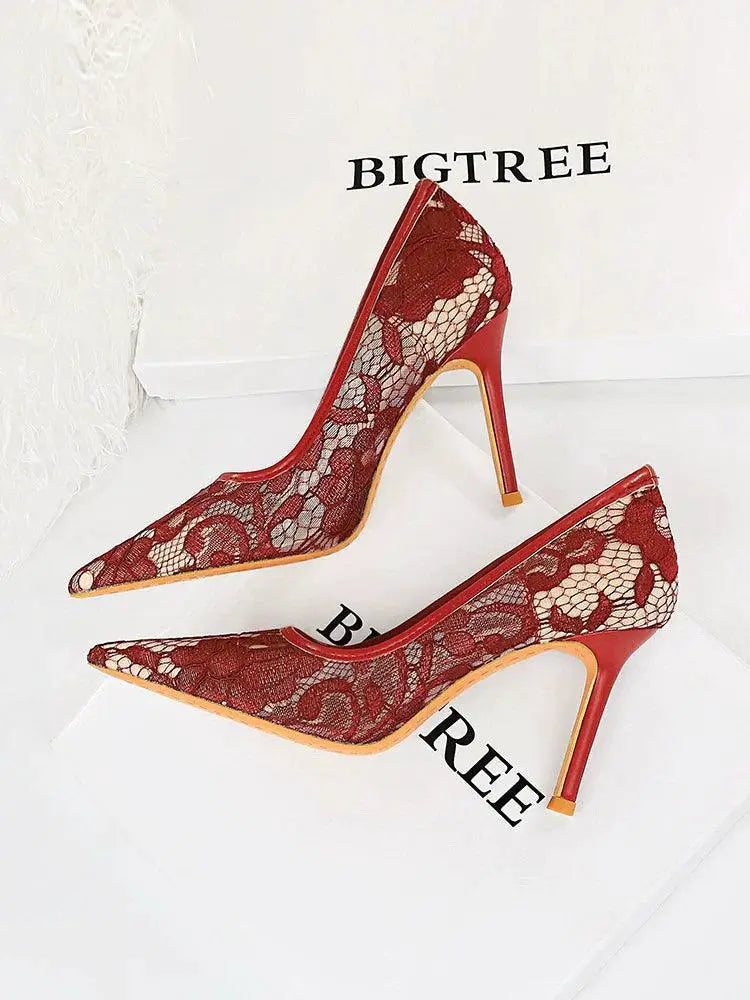 Elegant Lace Up High Heels Chic Hollow Mesh Design