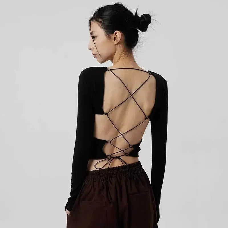 Sexy Black Cross Long Sleeve Tee for Night Out Chic Style