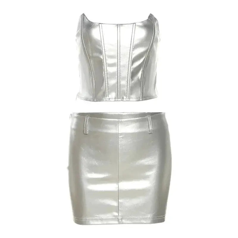 Cool Patchwork Fishbone Tube Top Skirt Set Summer Fashion