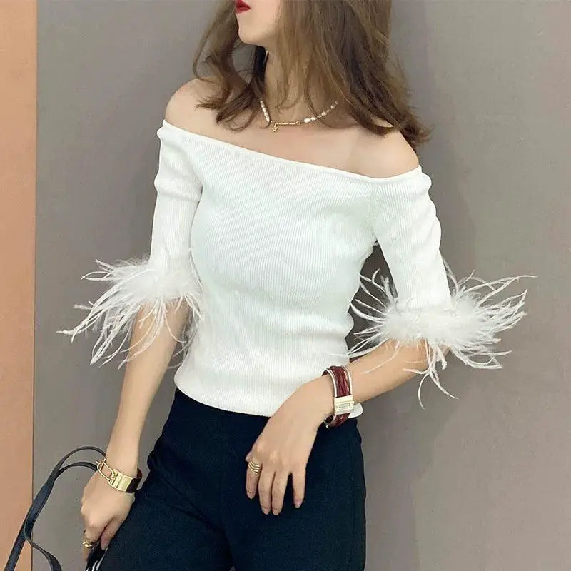 Feather Stitching Rayon Knit Off Shoulder Top Stylish Choice