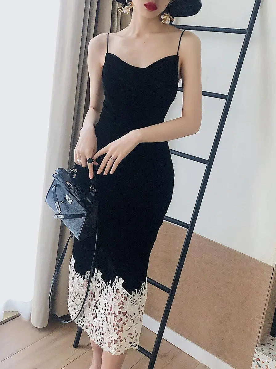 Lace Stitching Black Velvet Dress Retro Chic Statement