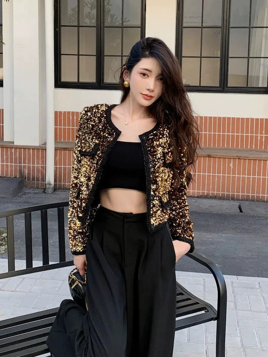 Fujia Gold Sequin Jacket Radiates Elegant Evening Glamour