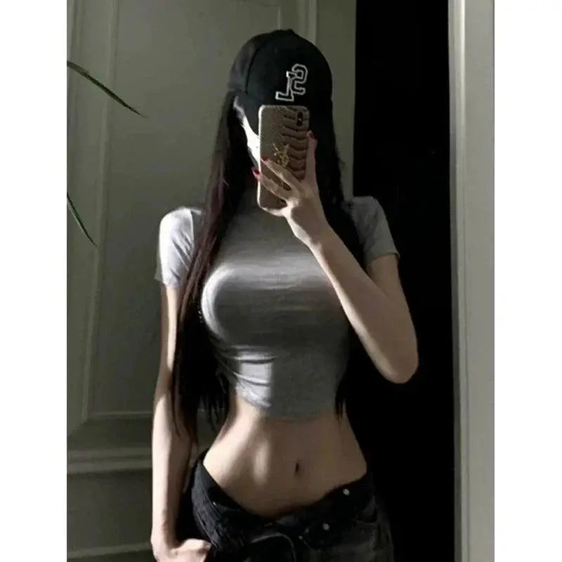 Ruched Slim Fit Crop Top Short Sleeves Solid Color Tee