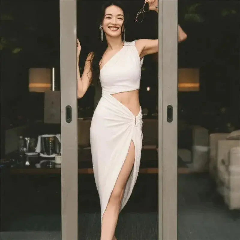 KLIOU Diagonal Collar Hollow Dress Street Style Chic Fashion