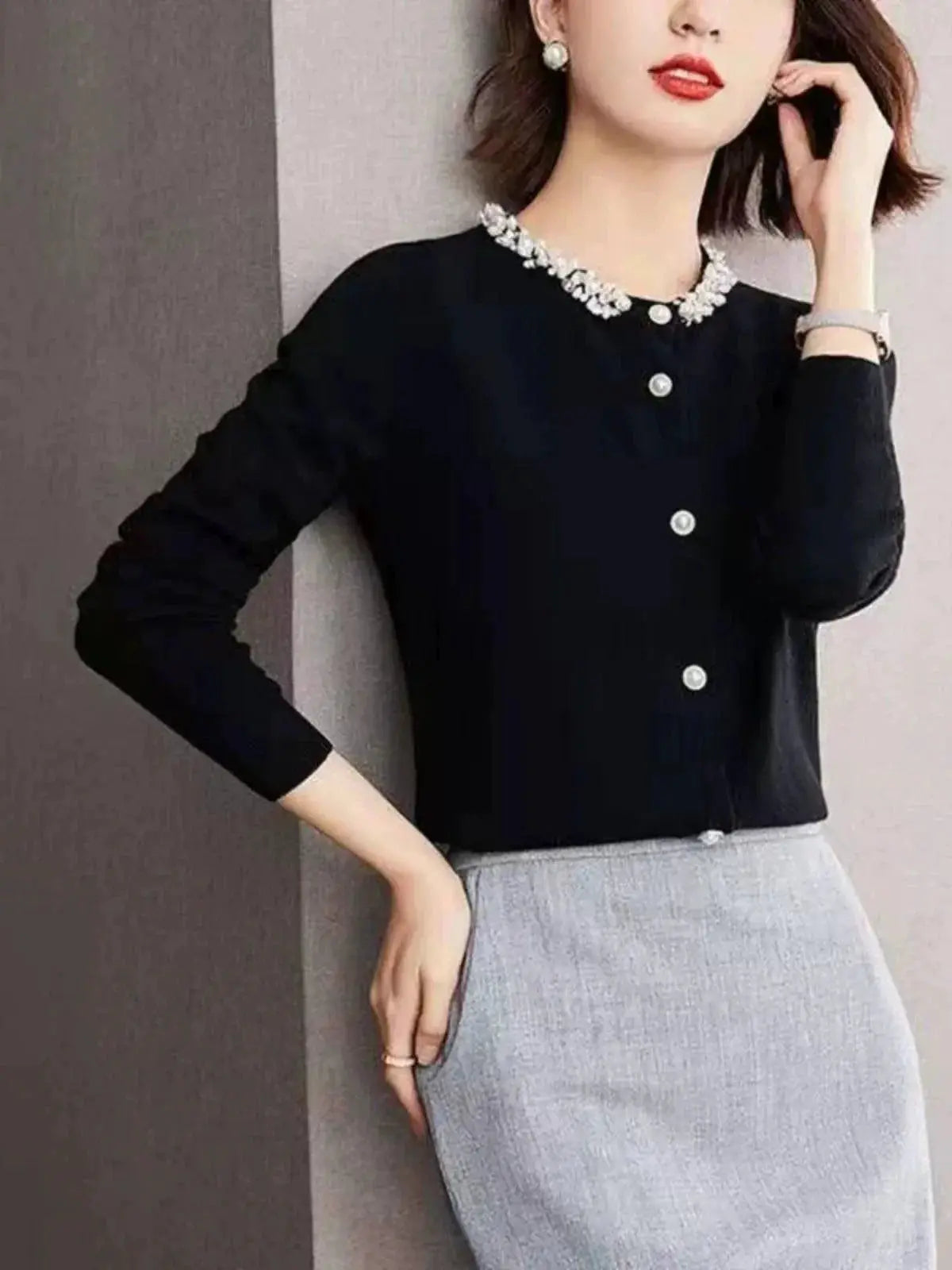 White Wool Cardigan With Beaded Detailing For Autumn