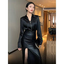 French Satin Zipper Shirt: Sophisticated Black Retro Style