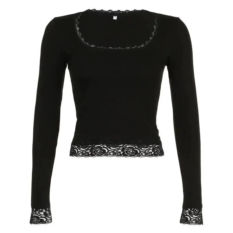 Dark Square Neck T Shirt With Lace Trim Fashion Edition
