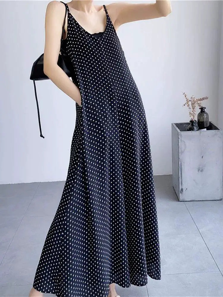Black Polka Dot A Line Summer Dress With Pockets And Straps