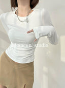 Ruched Long Sleeve Street-Style Tee Double-Sided Chic Top