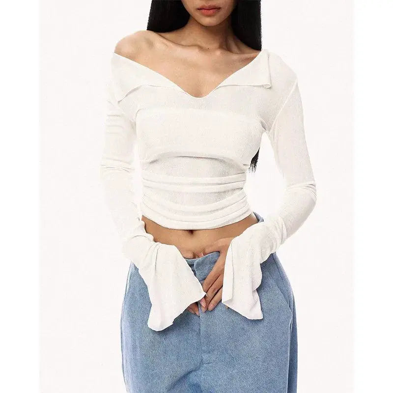 French Chic V Neck Long Sleeve Top Streetwear Sophistication